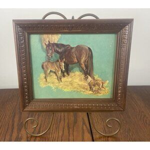 Vtg E Brown Signed Lithograph Horse Foal & Collie Dogs Wood Carved Frame # 361